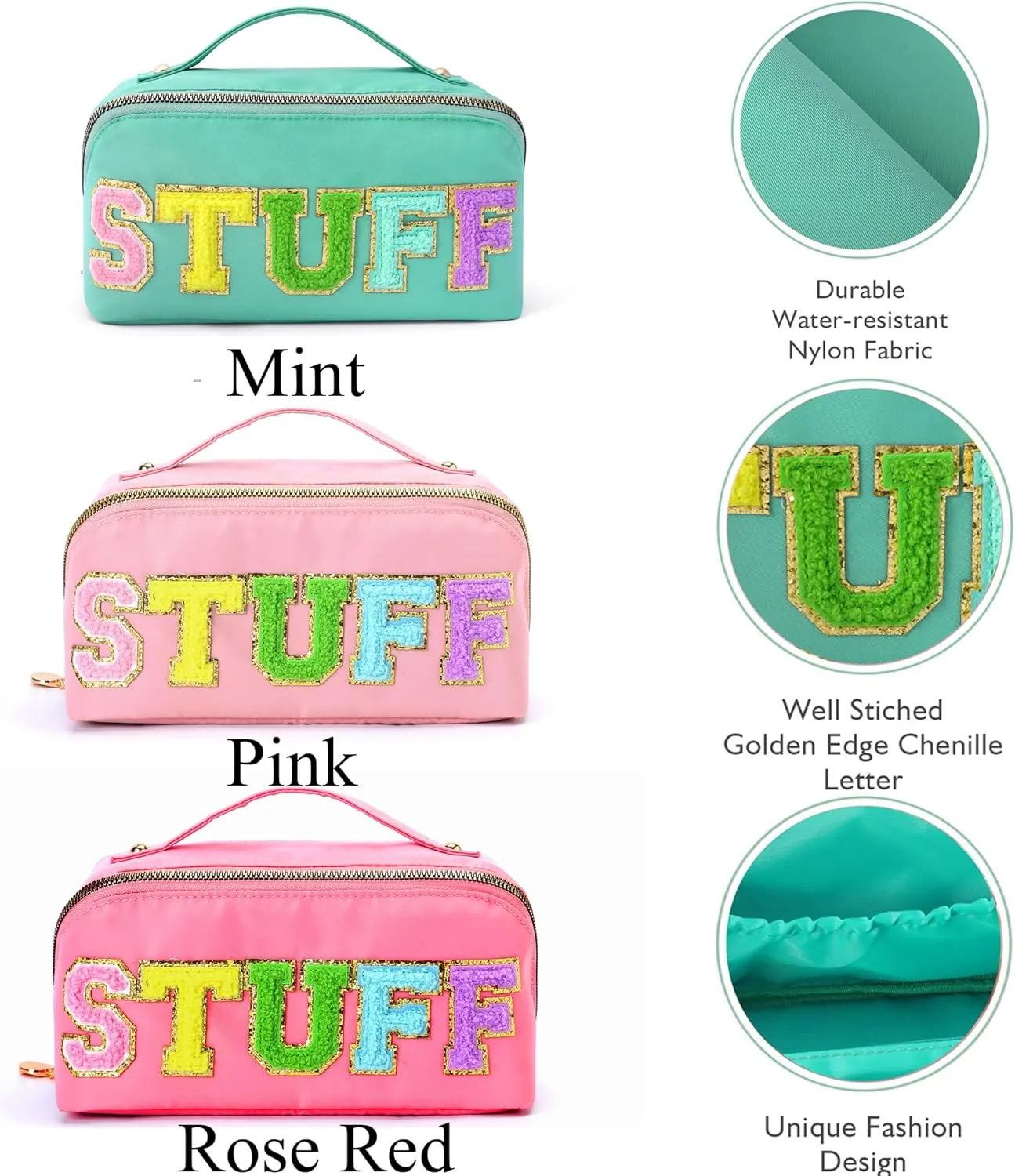 3Pcs Stoney Clover Preppy Makeup Bag, Stuff Bag Travel Makeup Cosmetic Bag, Chenille Letter Patch Open Flat Nylon Pouch, Mixed