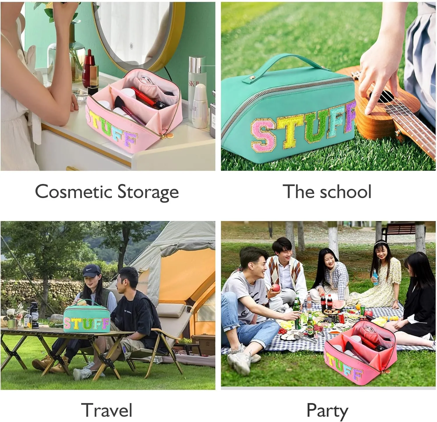3Pcs Stoney Clover Preppy Makeup Bag, Stuff Bag Travel Makeup Cosmetic Bag, Chenille Letter Patch Open Flat Nylon Pouch, Mixed