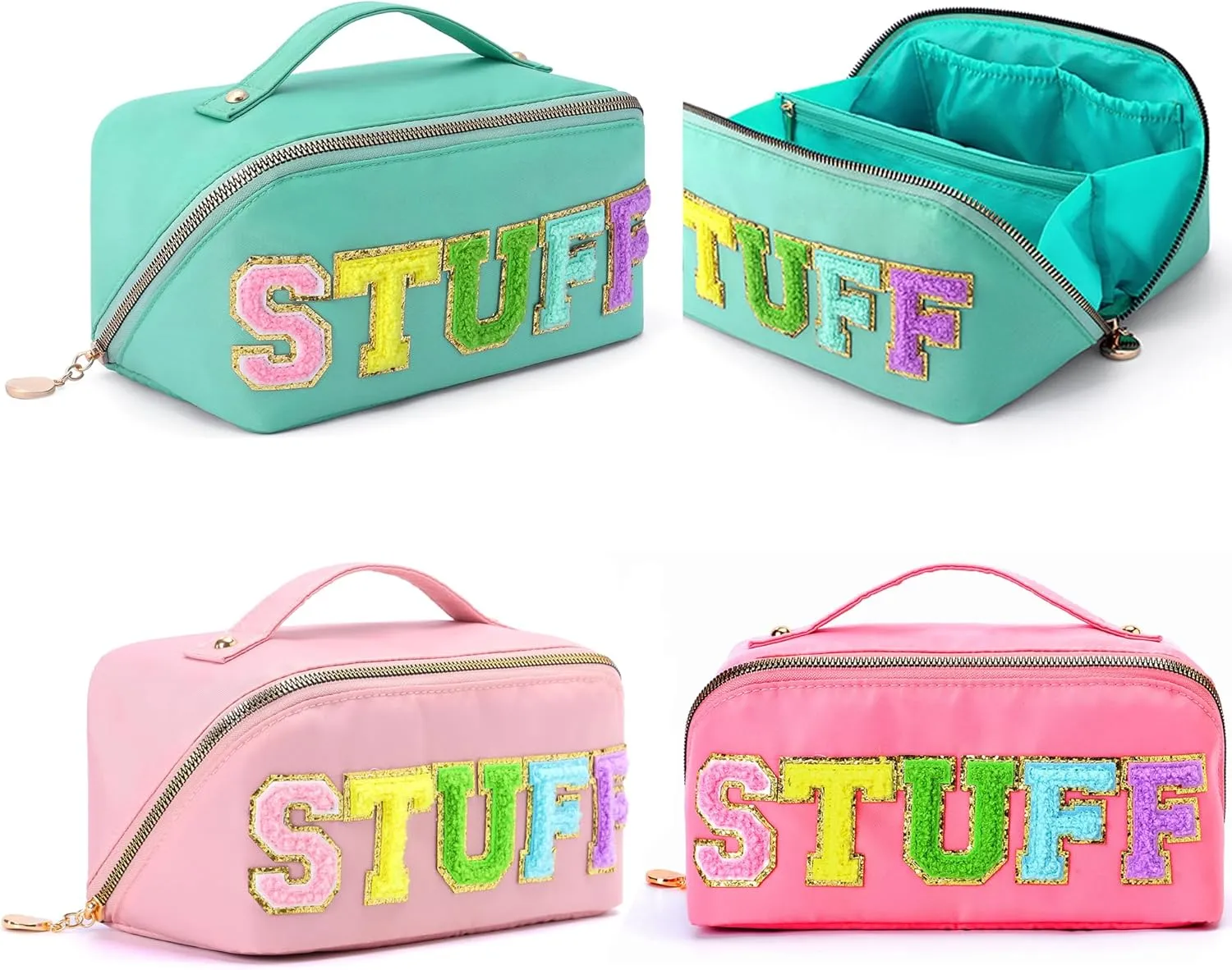 3Pcs Stoney Clover Preppy Makeup Bag, Stuff Bag Travel Makeup Cosmetic Bag, Chenille Letter Patch Open Flat Nylon Pouch, Mixed