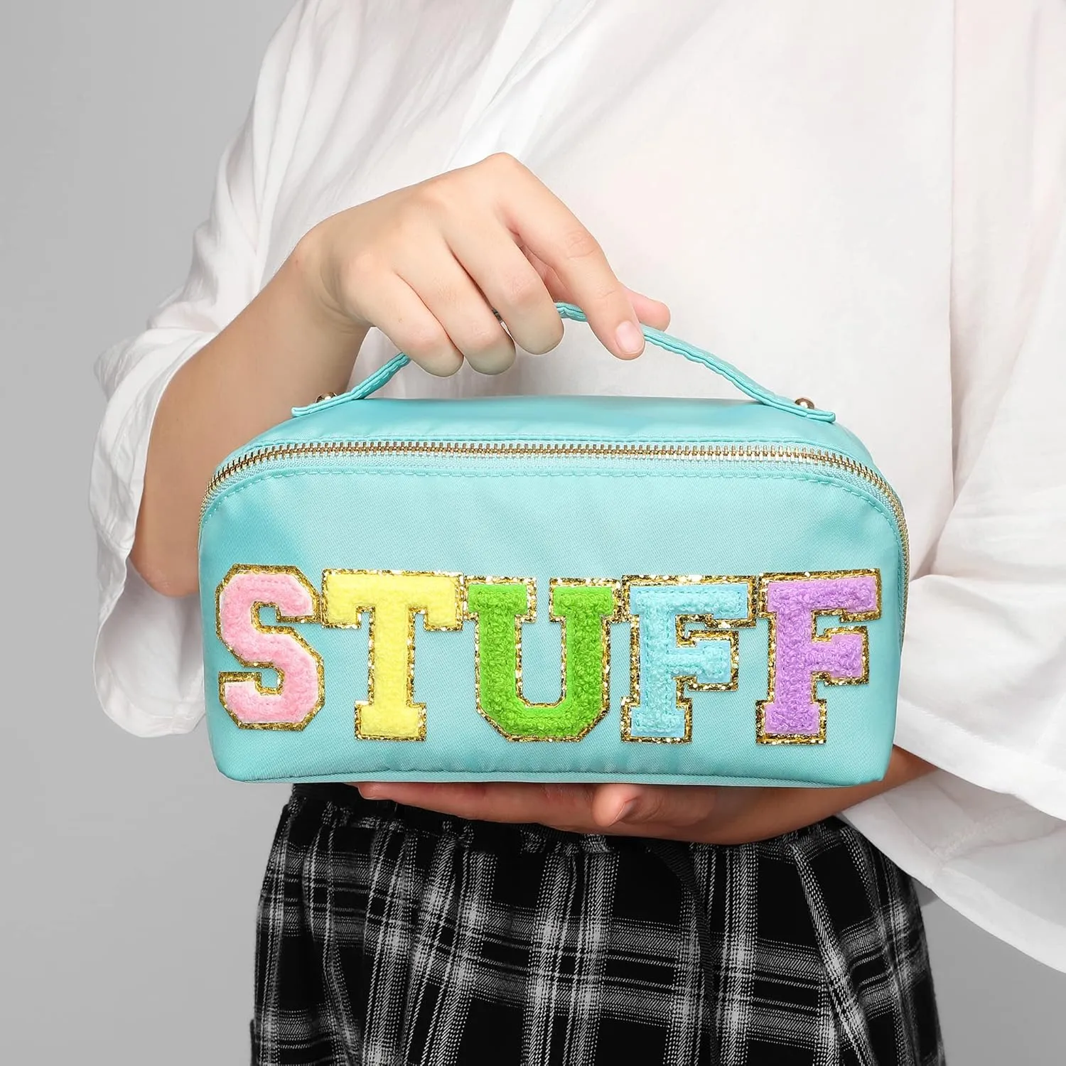 3Pcs Stoney Clover Preppy Makeup Bag, Stuff Bag Travel Makeup Cosmetic Bag, Chenille Letter Patch Open Flat Nylon Pouch, Mixed