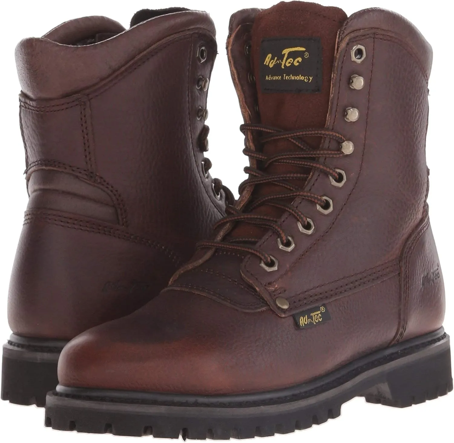 Ad Tec Men's 8in Heavy Duty Waterproof Grain Tumbled Leather Work Boots, Brown - PU Outsole, Removable EVA Cushioned Insole