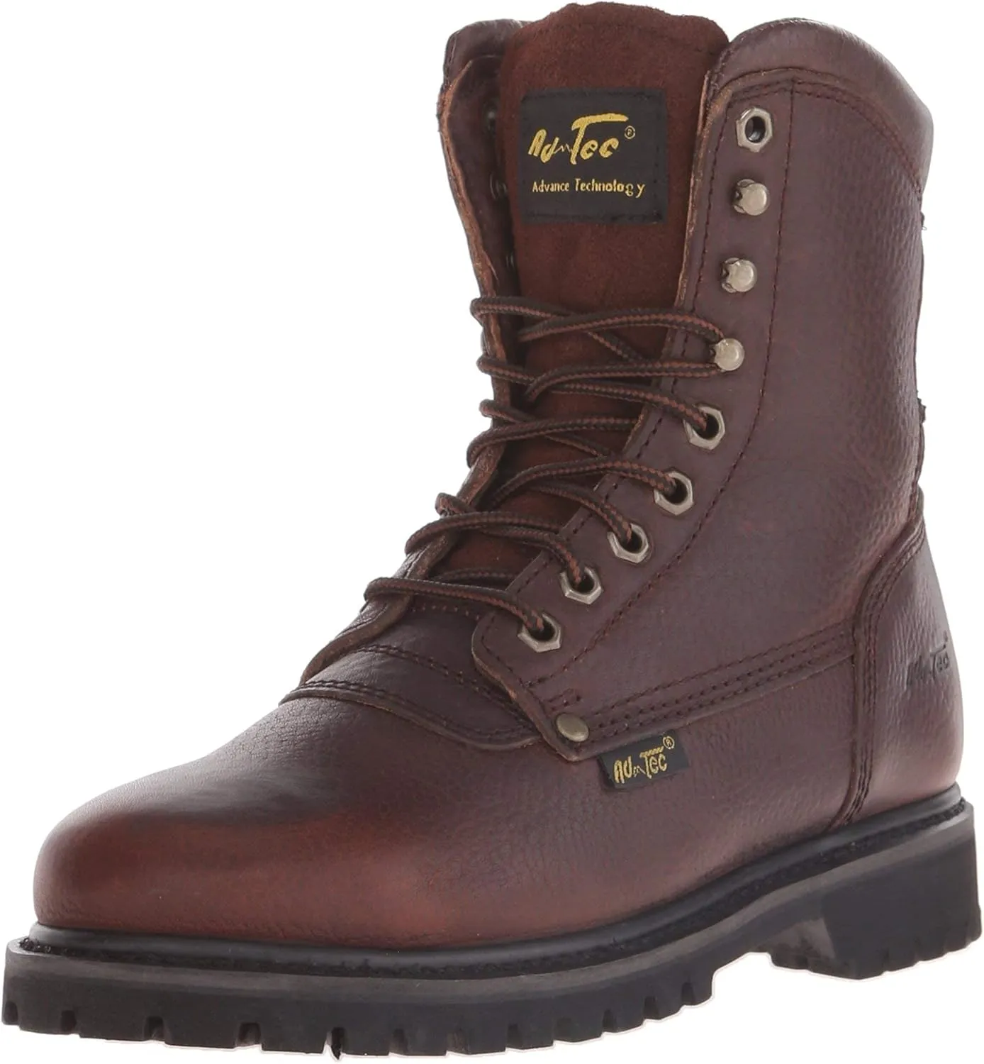 Ad Tec Men's 8in Heavy Duty Waterproof Grain Tumbled Leather Work Boots, Brown - PU Outsole, Removable EVA Cushioned Insole