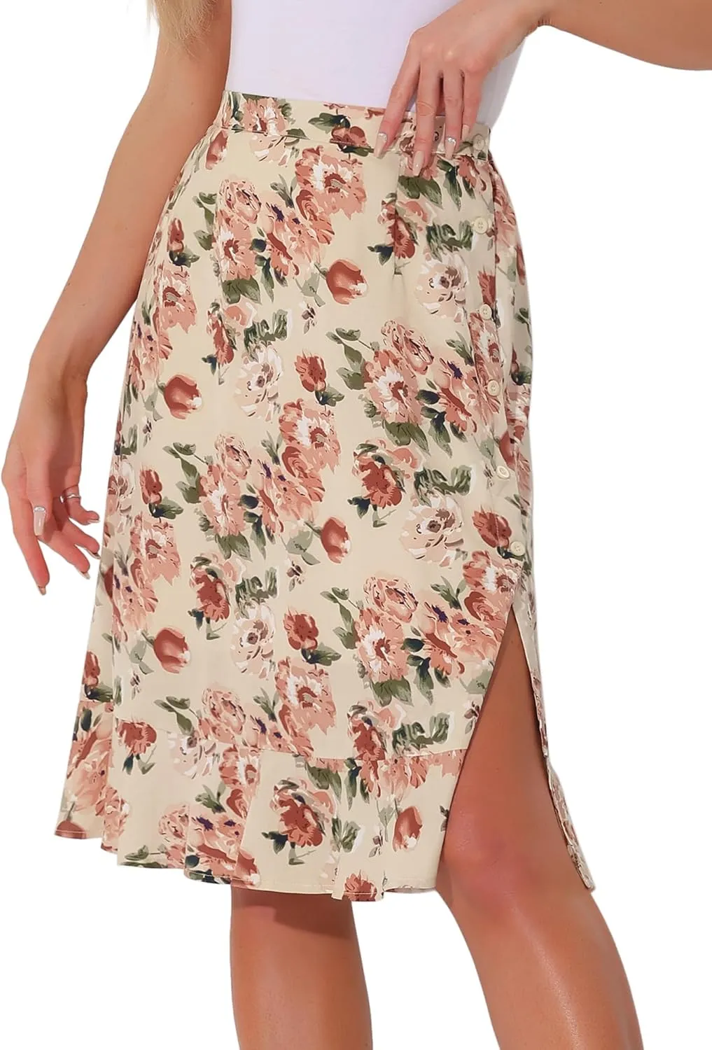 Allegra K Women's Floral Midi Skirts Summer Ruffle High Waist Flowy A-Line Split Knee Length Skirt
