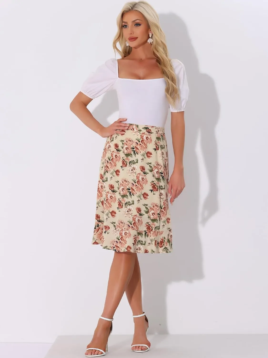 Allegra K Women's Floral Midi Skirts Summer Ruffle High Waist Flowy A-Line Split Knee Length Skirt