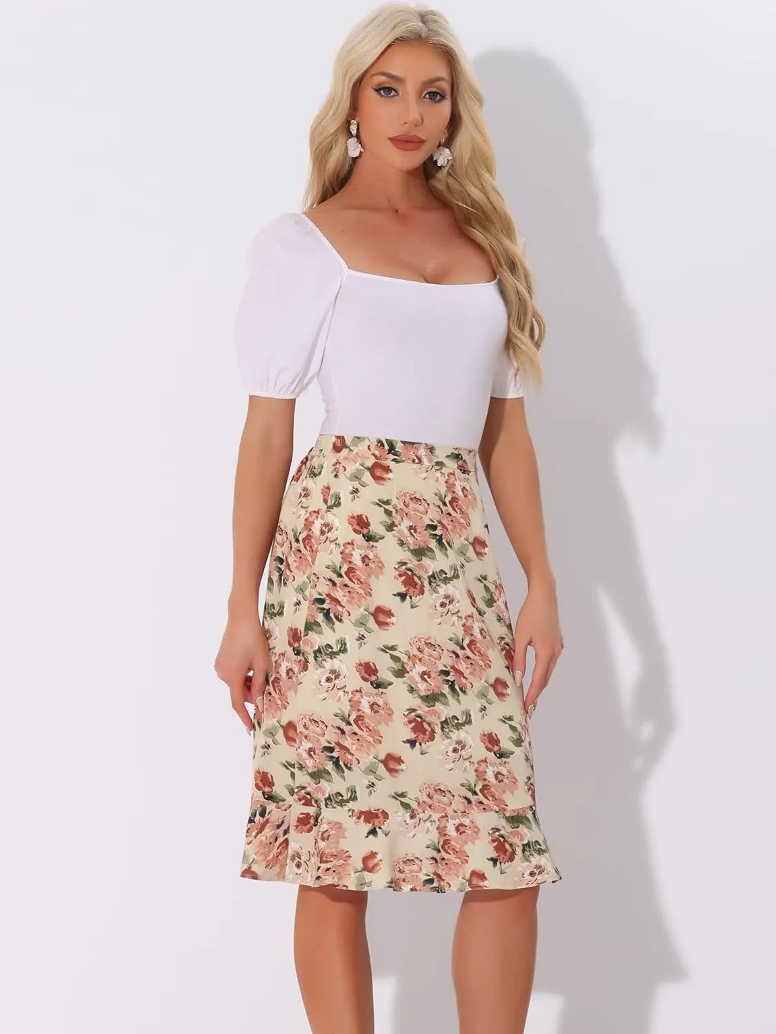 Allegra K Women's Floral Midi Skirts Summer Ruffle High Waist Flowy A-Line Split Knee Length Skirt