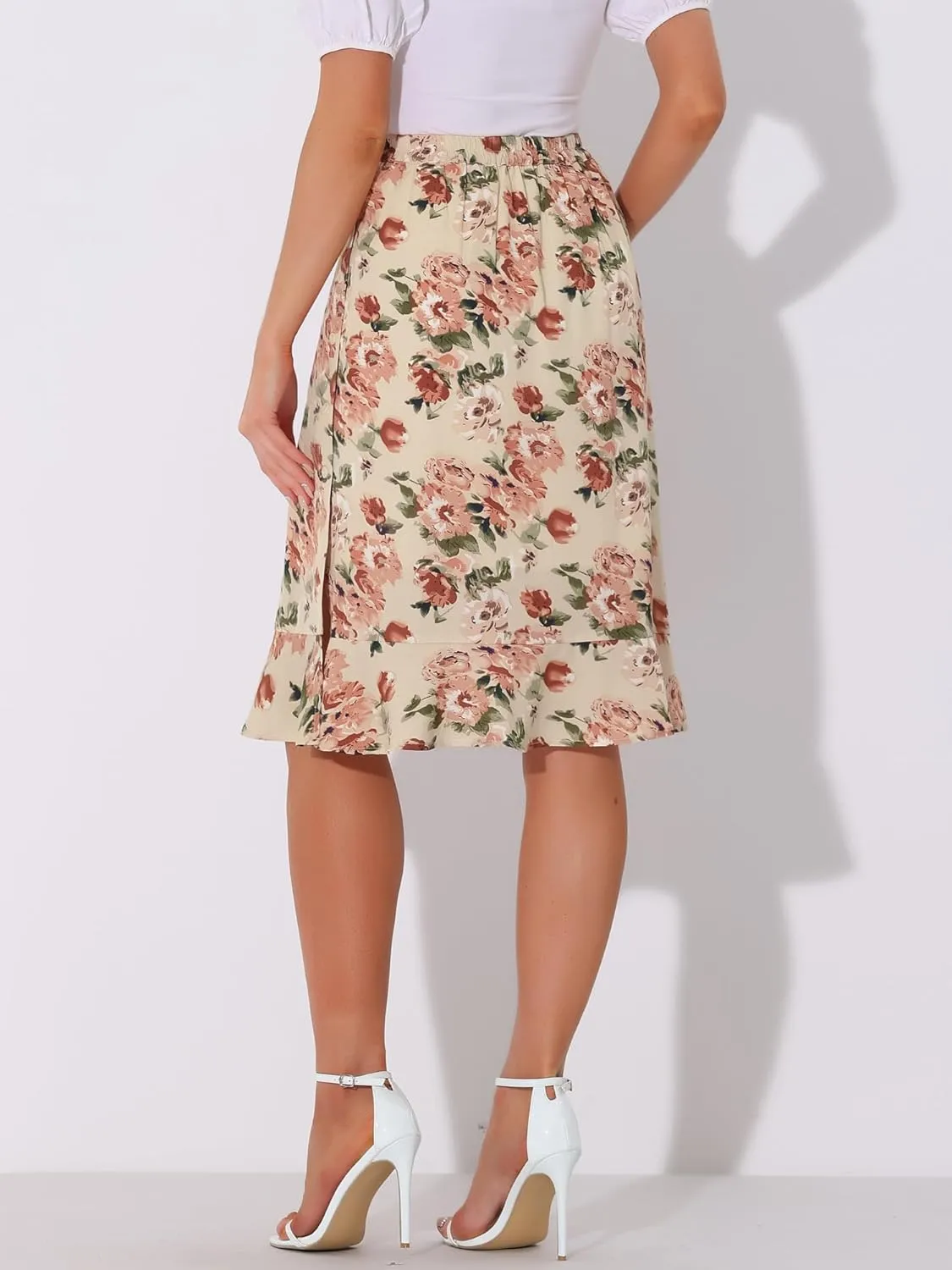 Allegra K Women's Floral Midi Skirts Summer Ruffle High Waist Flowy A-Line Split Knee Length Skirt