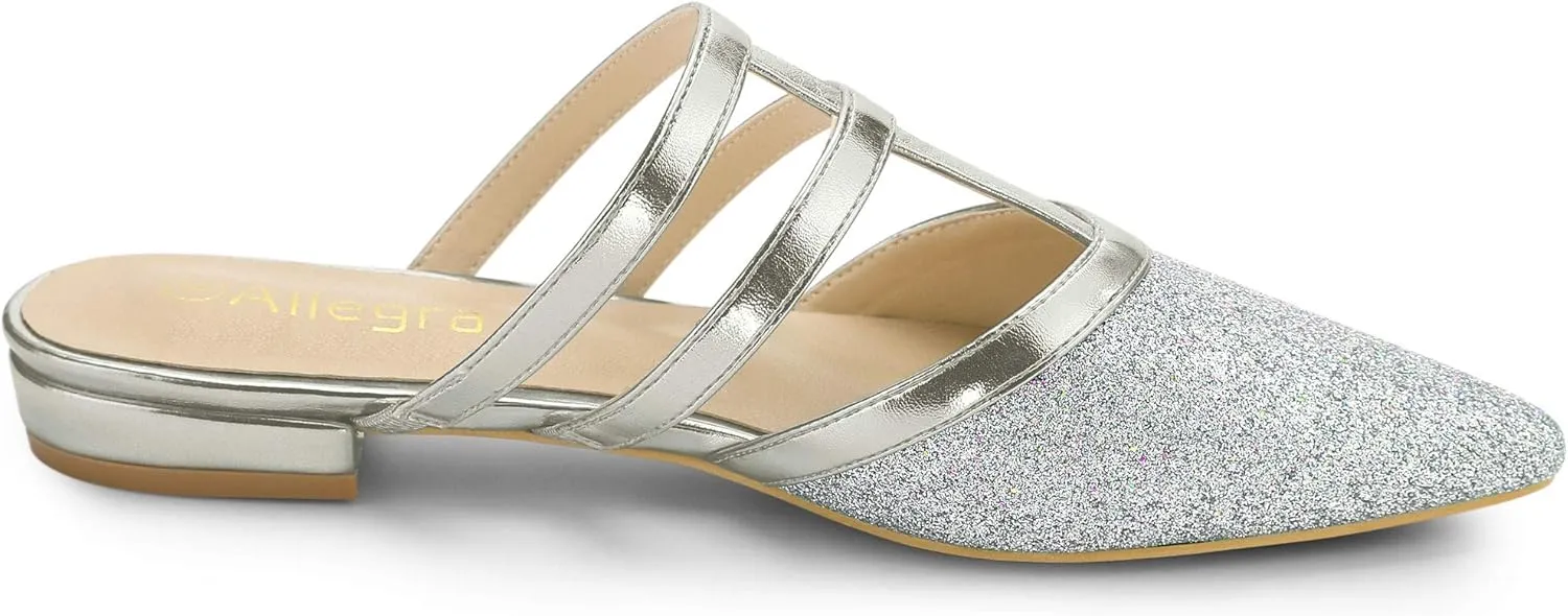 Allegra K Women's Glitter Pointed Toe Flat Mules
