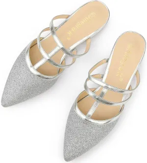 Allegra K Women's Glitter Pointed Toe Flat Mules