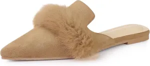 Allegra K Women's Pointed Toe Faux Fur Slip on Flat Slide Mules