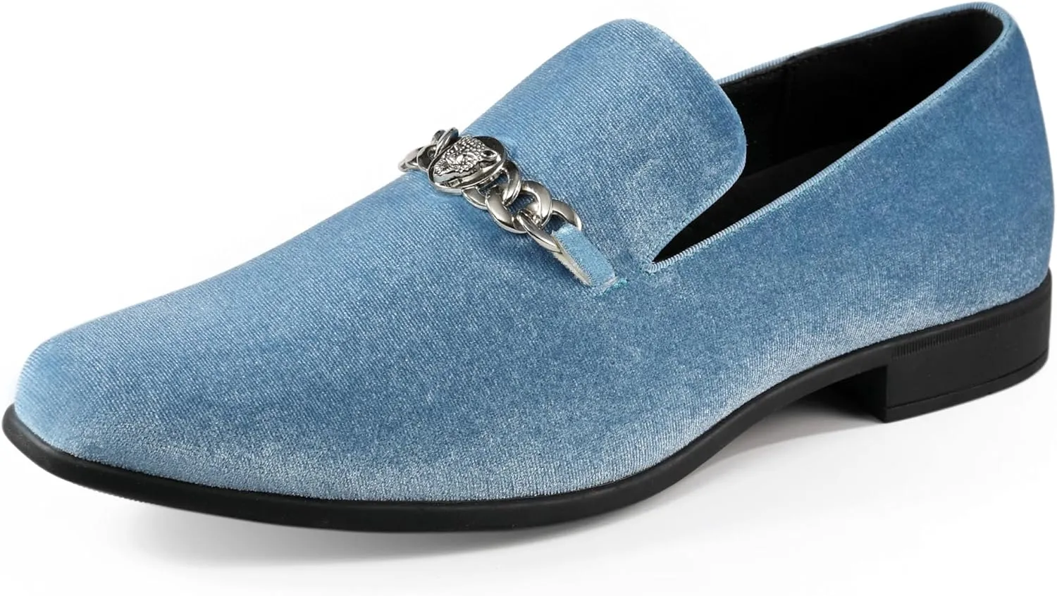 Amali Velvet Slip-On Dress Loafers for Men with Lion Head Piece, Men's Formal Smoking Tuxedo Slippers, Loafer Shoes with Metal Chain Detail