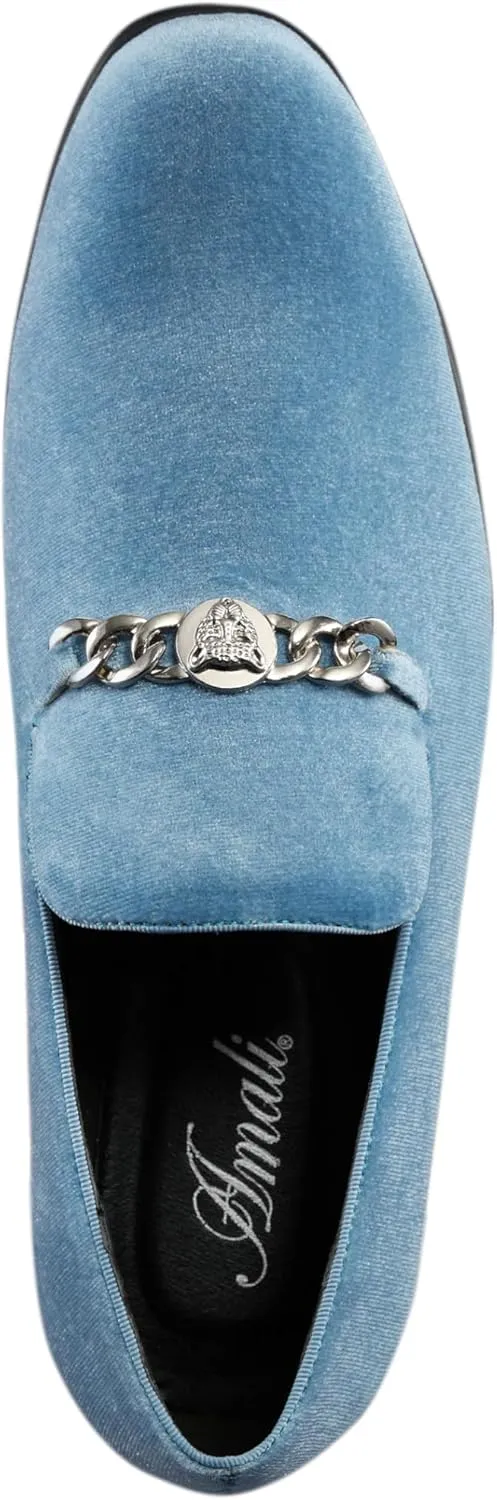 Amali Velvet Slip-On Dress Loafers for Men with Lion Head Piece, Men's Formal Smoking Tuxedo Slippers, Loafer Shoes with Metal Chain Detail