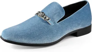 Amali Velvet Slip-On Dress Loafers for Men with Lion Head Piece, Men's Formal Smoking Tuxedo Slippers, Loafer Shoes with Metal Chain Detail
