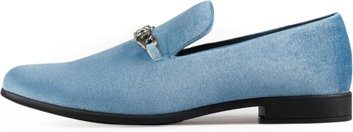 Amali Velvet Slip-On Dress Loafers for Men with Lion Head Piece, Men's Formal Smoking Tuxedo Slippers, Loafer Shoes with Metal Chain Detail