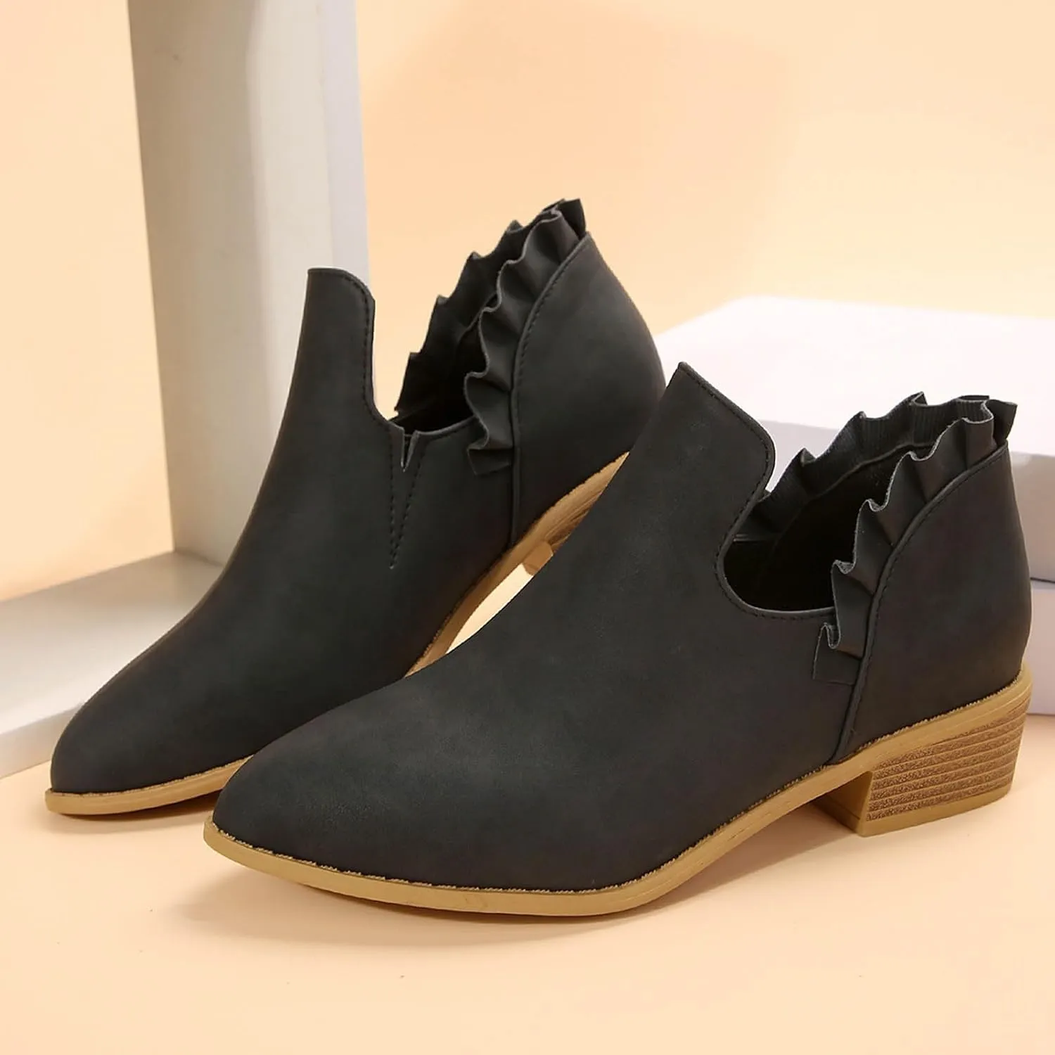 AMDBEL Fall Boots for Women 2024 Ankle Booties Low Heel Short Boots V Cut Chelsea Boots Pointd Toe Fall Winter Dressy Shoes