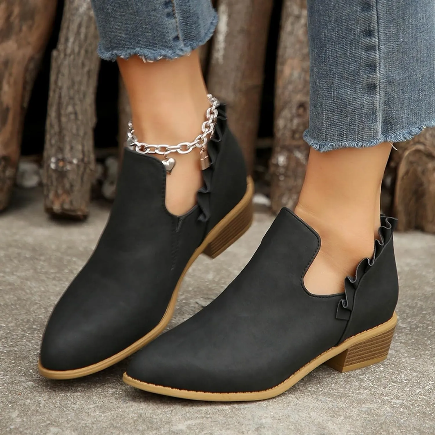 AMDBEL Fall Boots for Women 2024 Ankle Booties Low Heel Short Boots V Cut Chelsea Boots Pointd Toe Fall Winter Dressy Shoes