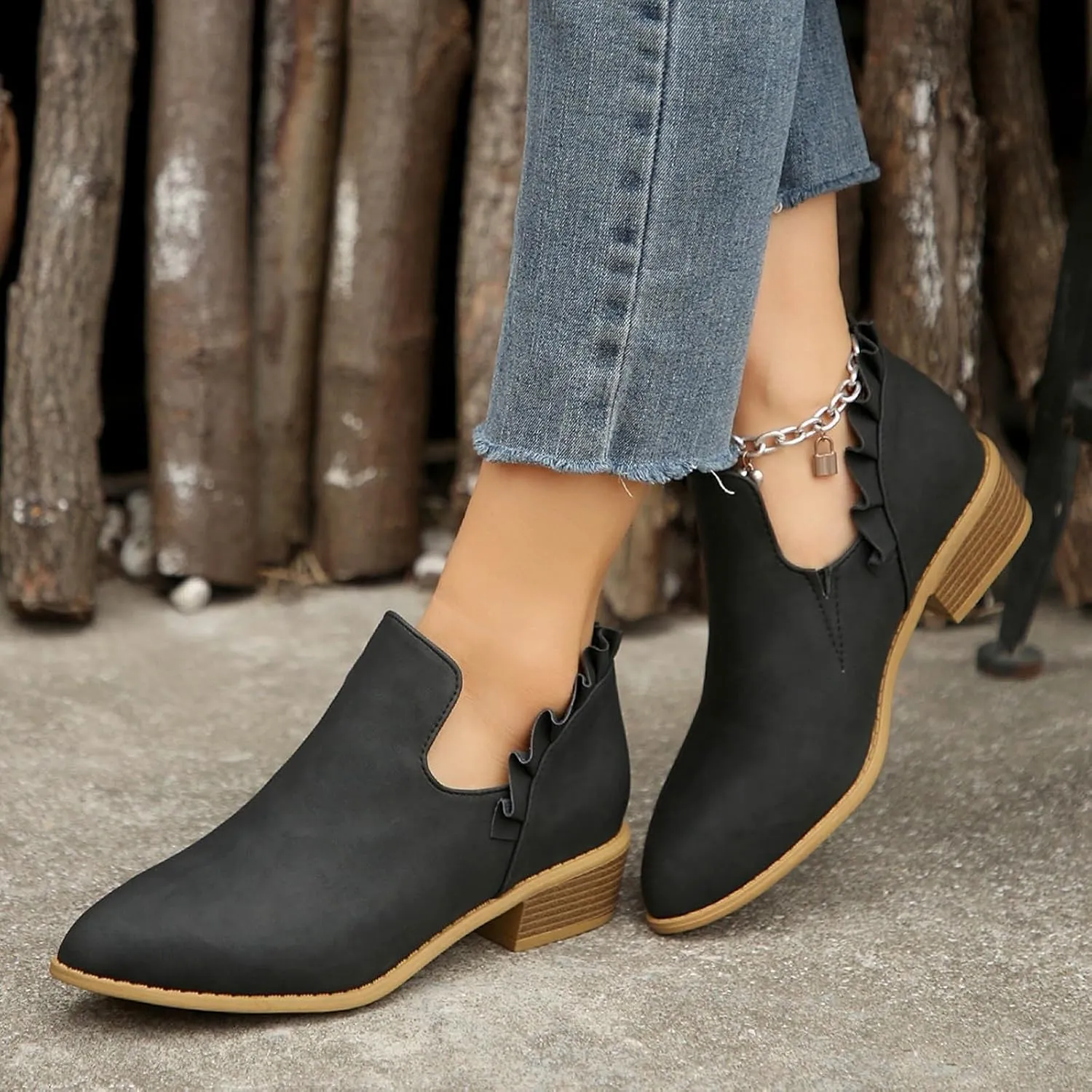 AMDBEL Fall Boots for Women 2024 Ankle Booties Low Heel Short Boots V Cut Chelsea Boots Pointd Toe Fall Winter Dressy Shoes