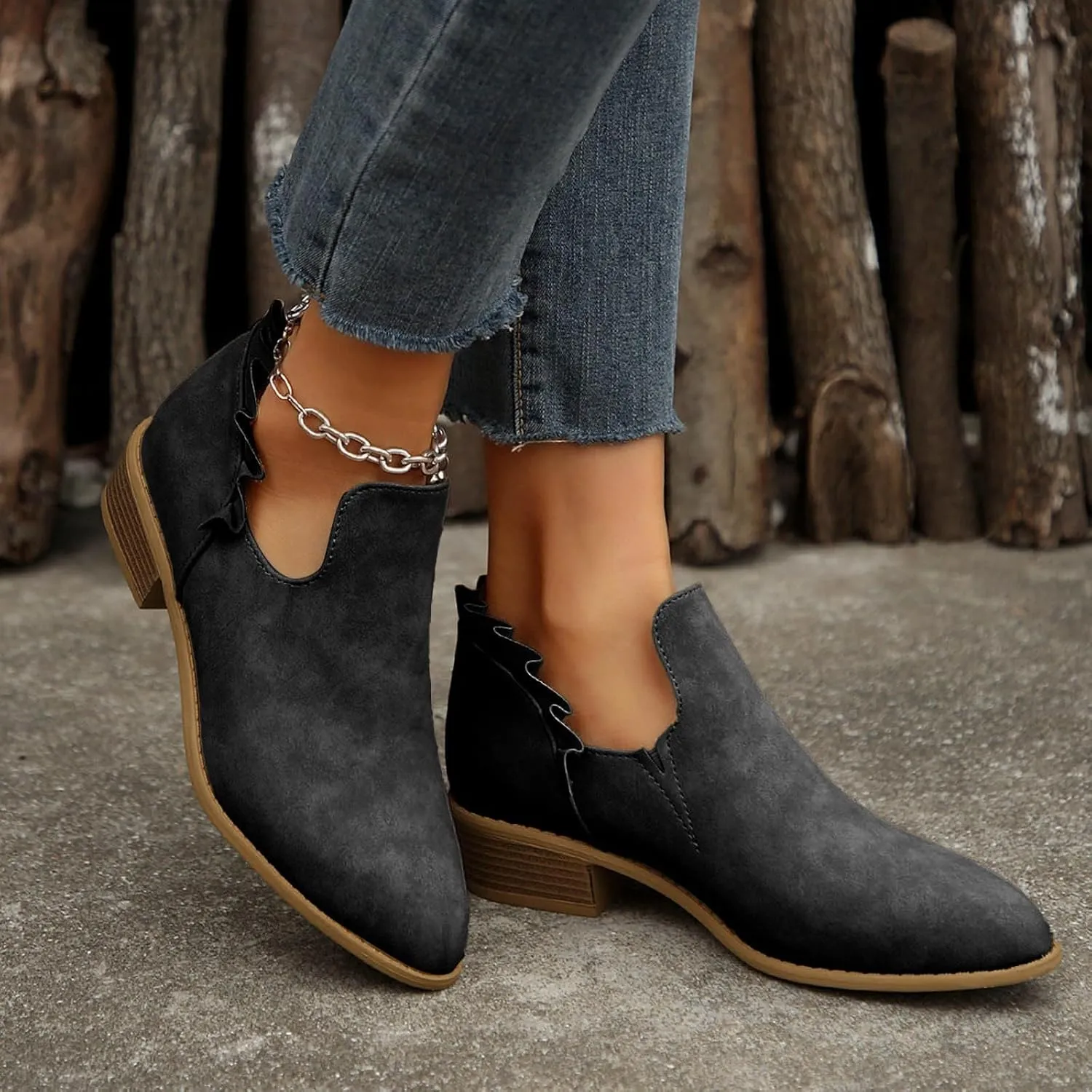 AMDBEL Fall Boots for Women 2024 Ankle Booties Low Heel Short Boots V Cut Chelsea Boots Pointd Toe Fall Winter Dressy Shoes
