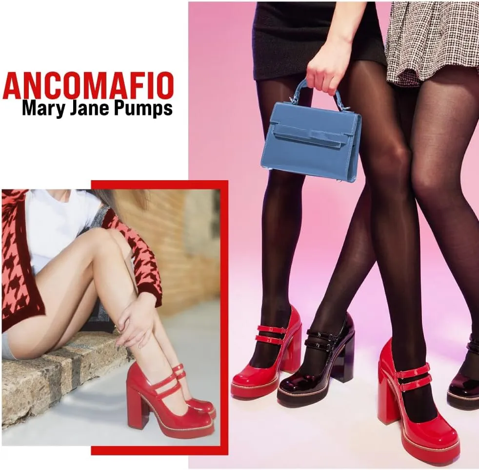 Ancomafio Women’s Mary Janes Square Toe Platform Heels Chunky Heeled Pumps Twice Loafer Ankle Strap Mary Janes Shoes