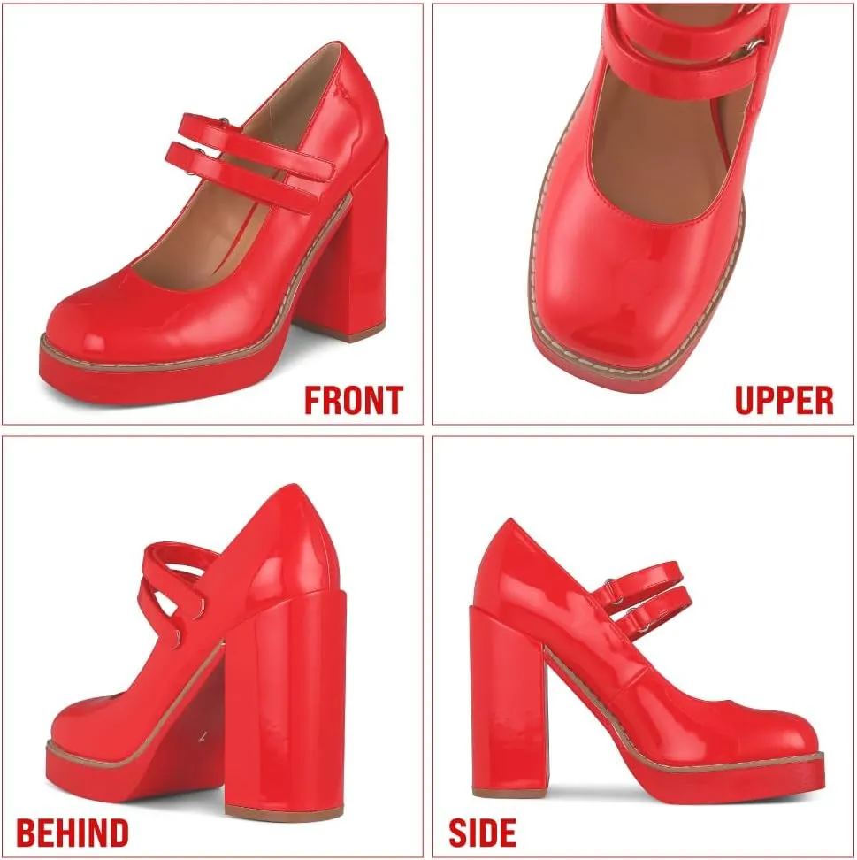 Ancomafio Women’s Mary Janes Square Toe Platform Heels Chunky Heeled Pumps Twice Loafer Ankle Strap Mary Janes Shoes