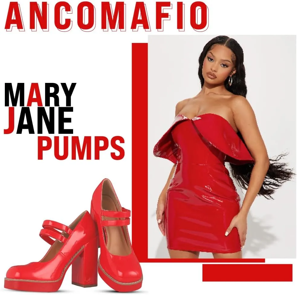 Ancomafio Women’s Mary Janes Square Toe Platform Heels Chunky Heeled Pumps Twice Loafer Ankle Strap Mary Janes Shoes