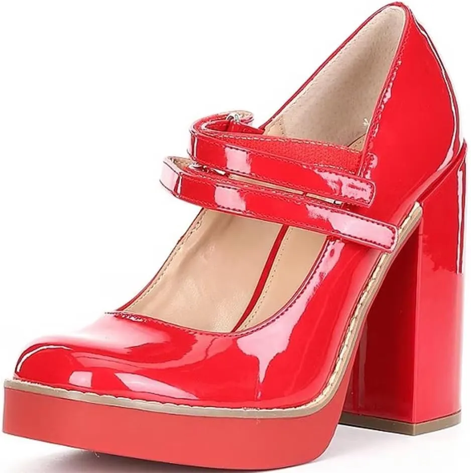 Ancomafio Women’s Mary Janes Square Toe Platform Heels Chunky Heeled Pumps Twice Loafer Ankle Strap Mary Janes Shoes