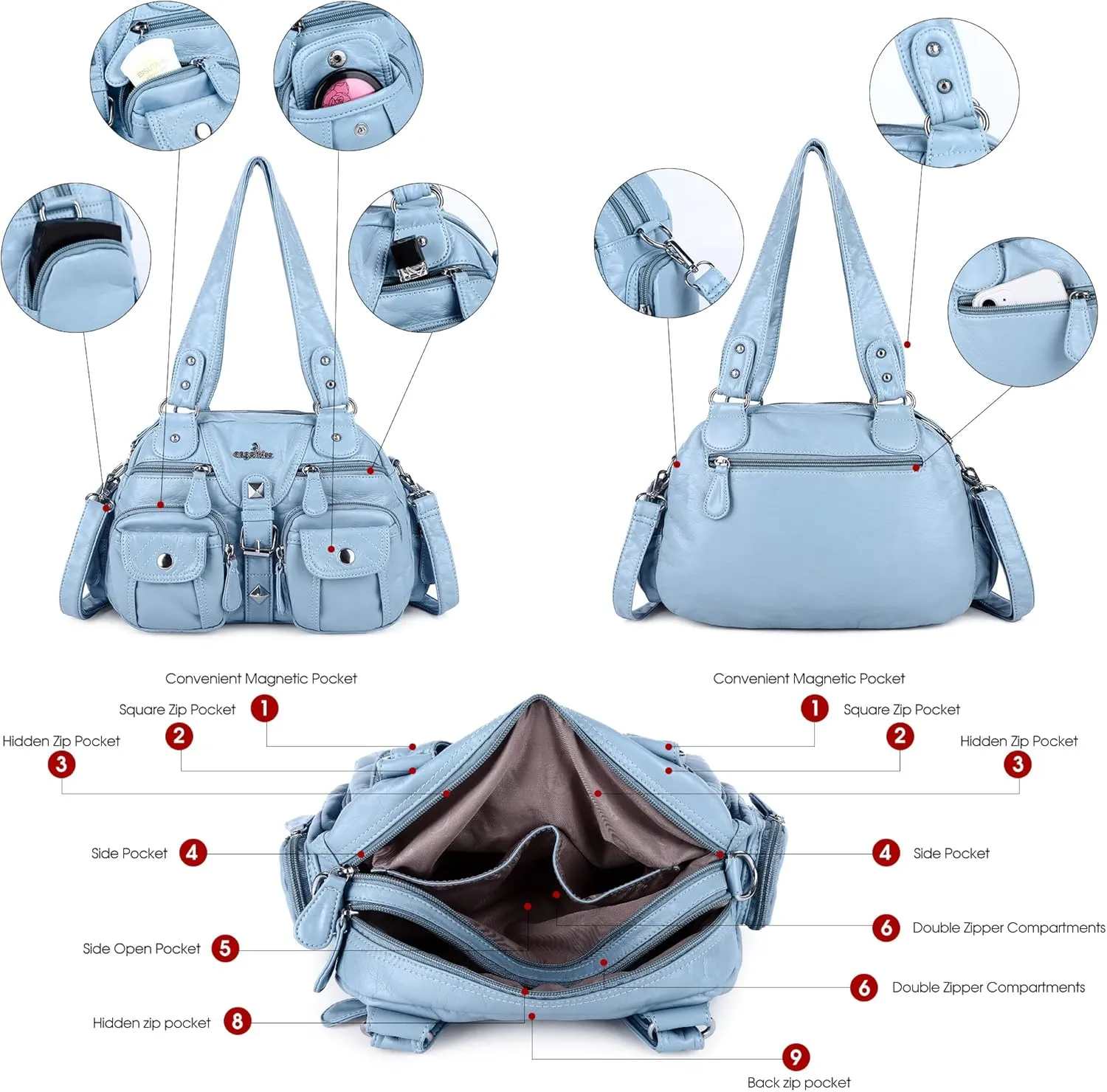 Angel Kiss Hobo Crossbody Purses for Women Shoulder Bag Multipocket Soft Hobo Purses Removable Strap Leather Handbags
