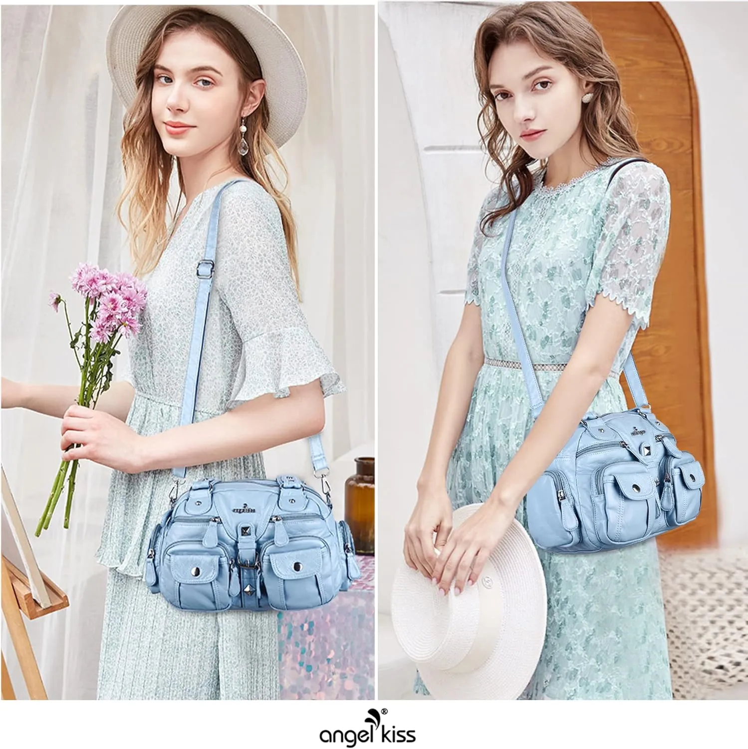 Angel Kiss Hobo Crossbody Purses for Women Shoulder Bag Multipocket Soft Hobo Purses Removable Strap Leather Handbags