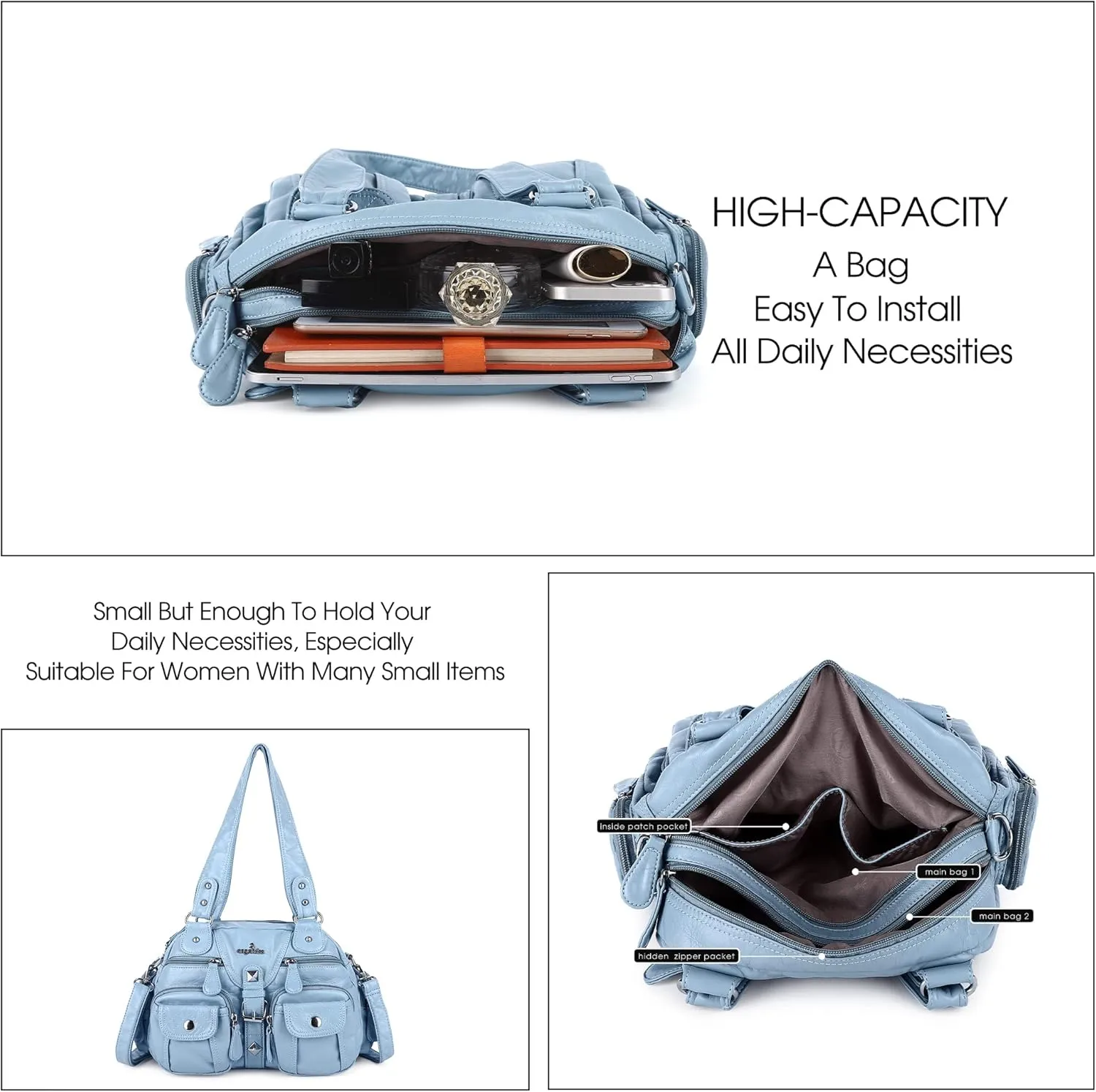 Angel Kiss Hobo Crossbody Purses for Women Shoulder Bag Multipocket Soft Hobo Purses Removable Strap Leather Handbags