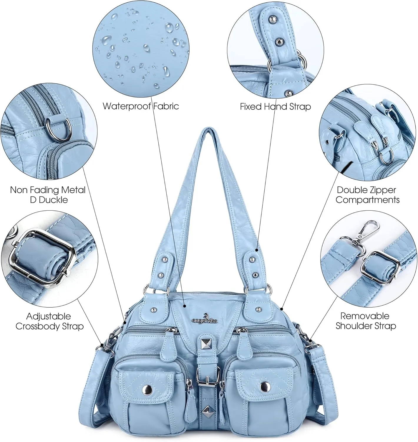 Angel Kiss Hobo Crossbody Purses for Women Shoulder Bag Multipocket Soft Hobo Purses Removable Strap Leather Handbags