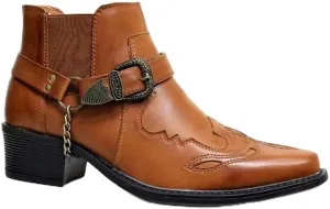 AngryMonkey Men's Pointed Toe Cowboy Boots Slip-On Chunky Heel Western Bootie Arch Support Personality Buckle Belt Chain Strap