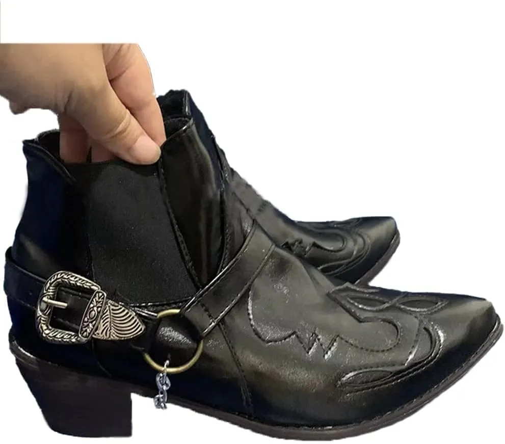 AngryMonkey Men's Pointed Toe Cowboy Boots Slip-On Chunky Heel Western Bootie Arch Support Personality Buckle Belt Chain Strap