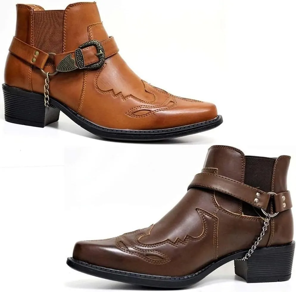 AngryMonkey Men's Pointed Toe Cowboy Boots Slip-On Chunky Heel Western Bootie Arch Support Personality Buckle Belt Chain Strap