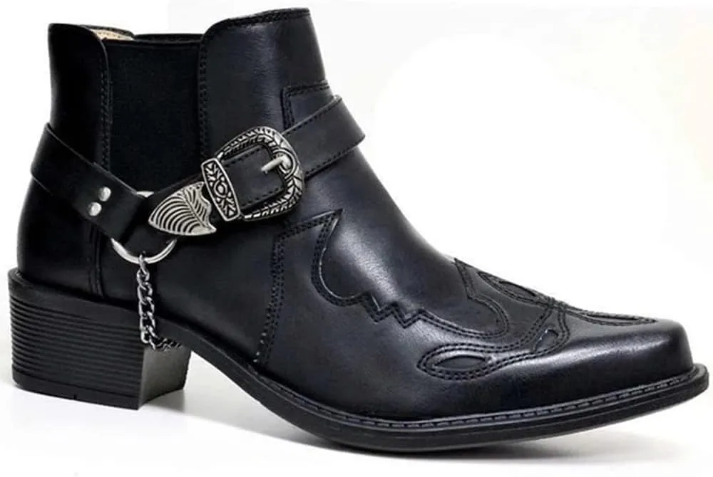 AngryMonkey Men's Pointed Toe Cowboy Boots Slip-On Chunky Heel Western Bootie Arch Support Personality Buckle Belt Chain Strap