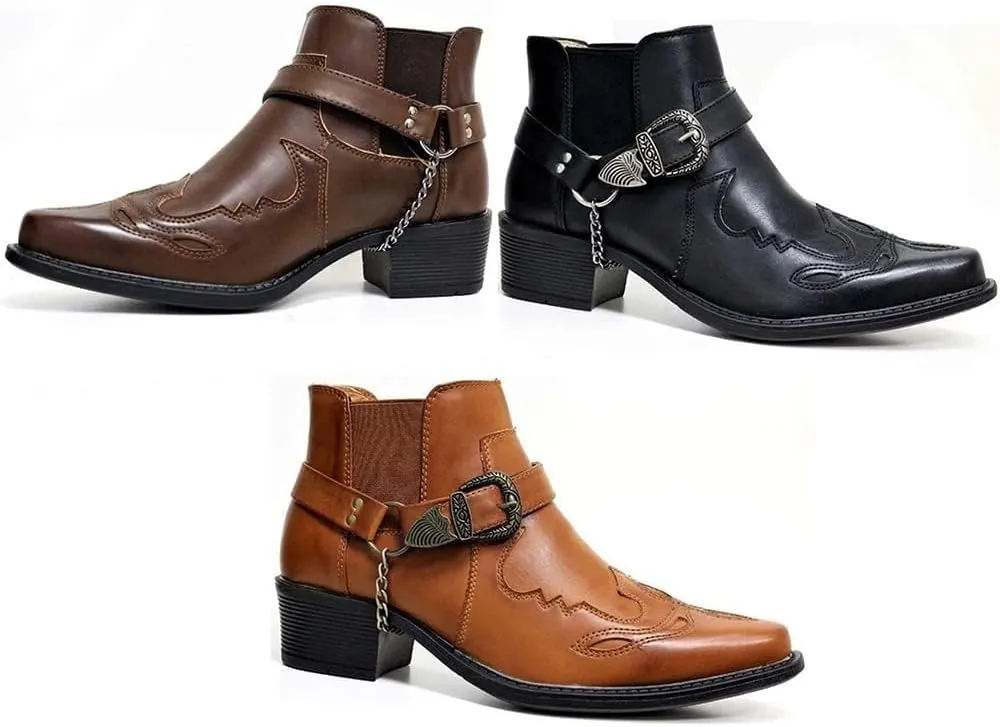 AngryMonkey Men's Pointed Toe Cowboy Boots Slip-On Chunky Heel Western Bootie Arch Support Personality Buckle Belt Chain Strap