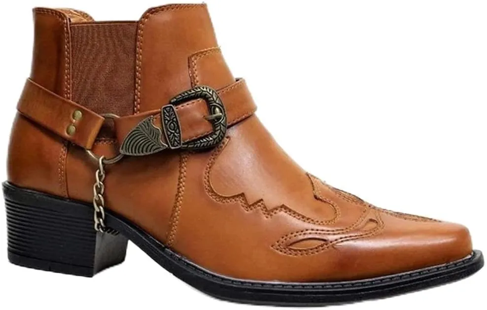 AngryMonkey Men's Pointed Toe Cowboy Boots Slip-On Chunky Heel Western Bootie Arch Support Personality Buckle Belt Chain Strap