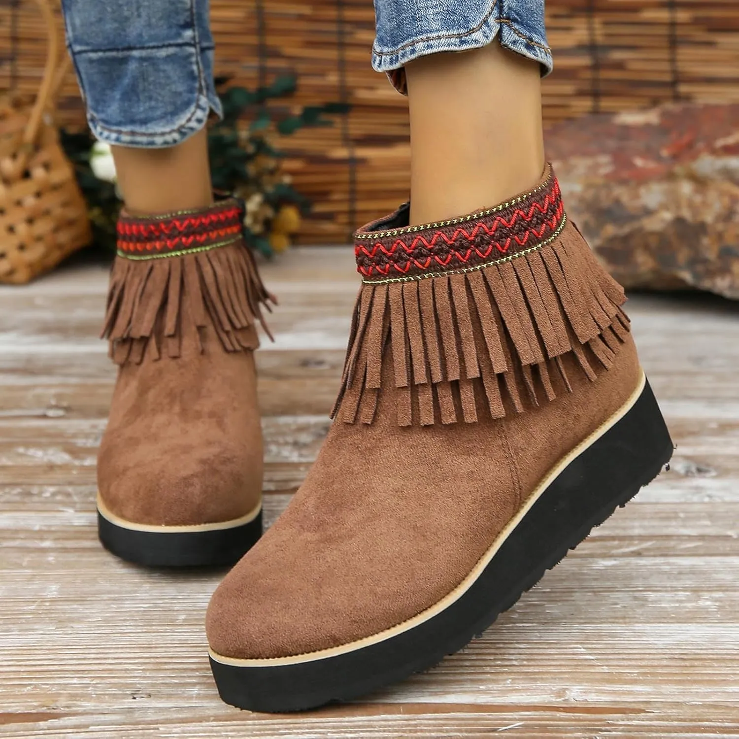 Ankle Boots for Women Comfortable Women Boots Ankle Boots Suede Frosted Tassel Soft Sole Thick Wedge Heel Ankle Boots