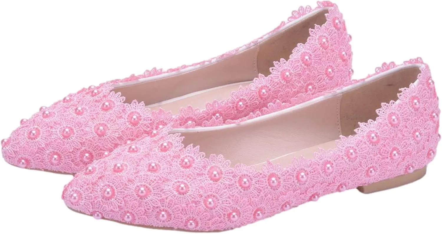 ANUFER Womens Elegant Pointed Toe Flower Lace Pearls Bridal Shoes Pumps Soft Sole Ballet Flats