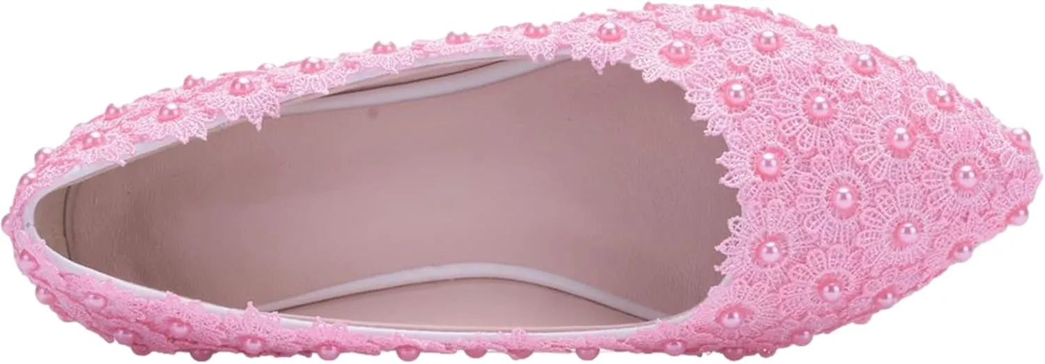 ANUFER Womens Elegant Pointed Toe Flower Lace Pearls Bridal Shoes Pumps Soft Sole Ballet Flats