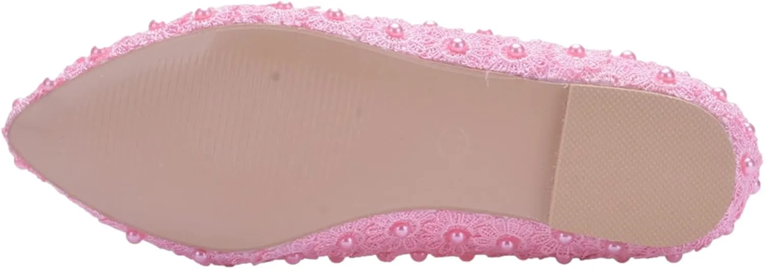 ANUFER Womens Elegant Pointed Toe Flower Lace Pearls Bridal Shoes Pumps Soft Sole Ballet Flats