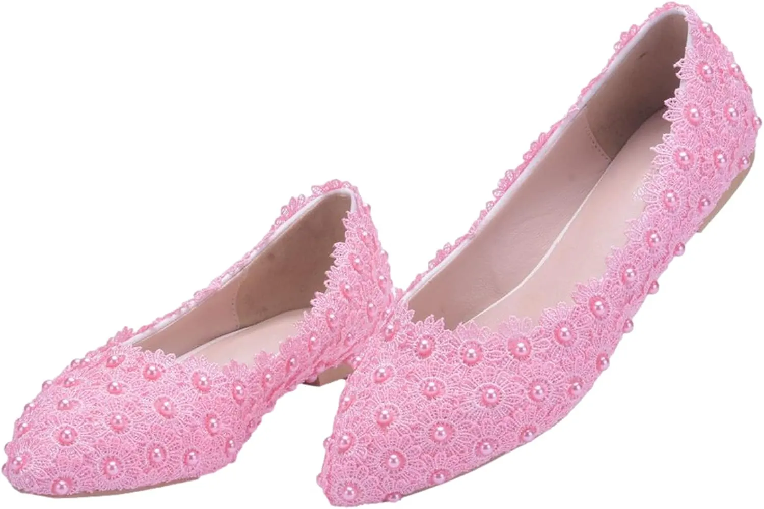 ANUFER Womens Elegant Pointed Toe Flower Lace Pearls Bridal Shoes Pumps Soft Sole Ballet Flats