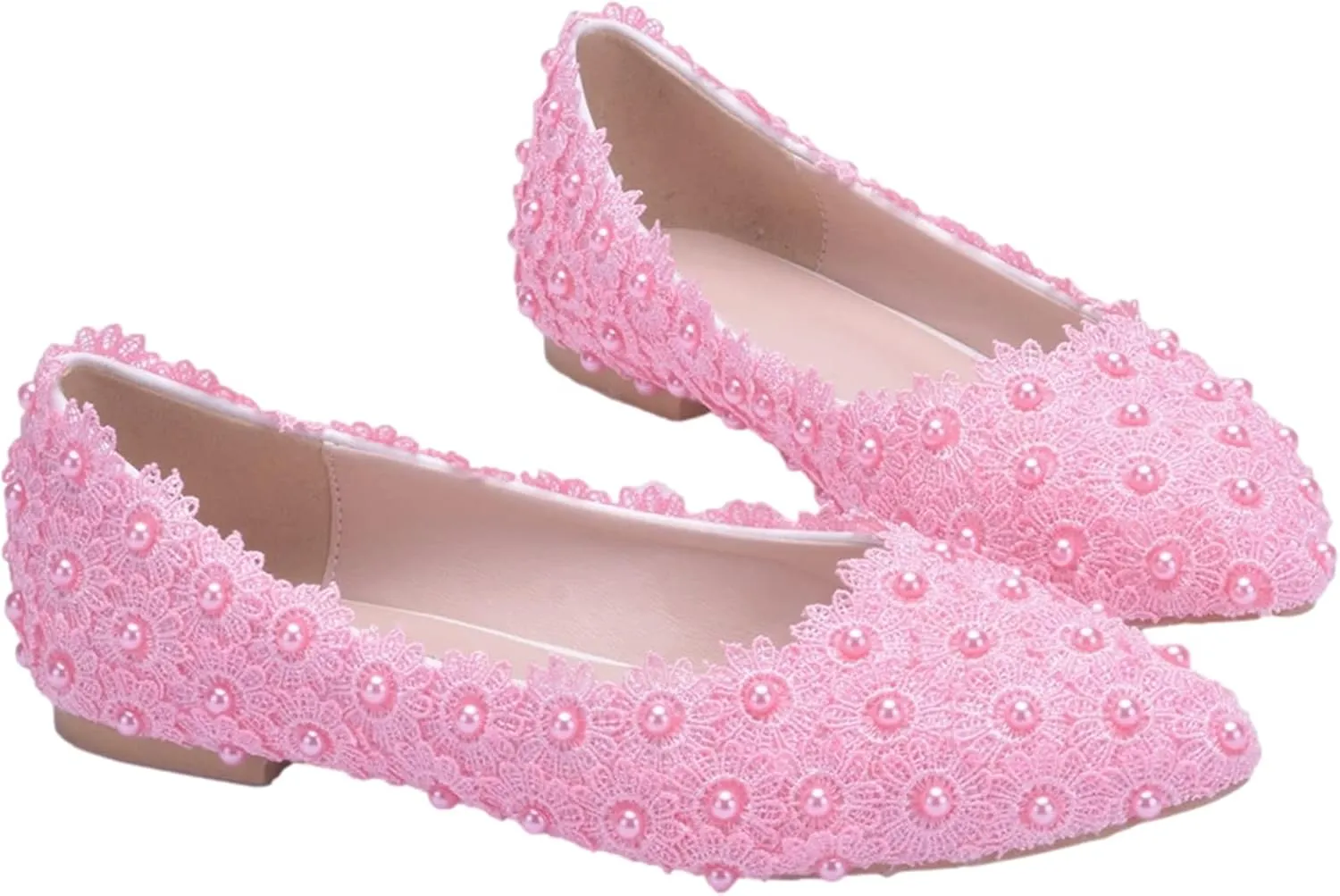 ANUFER Womens Elegant Pointed Toe Flower Lace Pearls Bridal Shoes Pumps Soft Sole Ballet Flats
