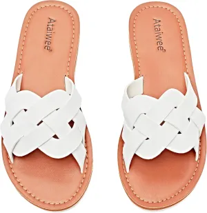 Ataiwee Women's Flat Slide Sandals - Fashion Slip On Flat Summer Shoes.