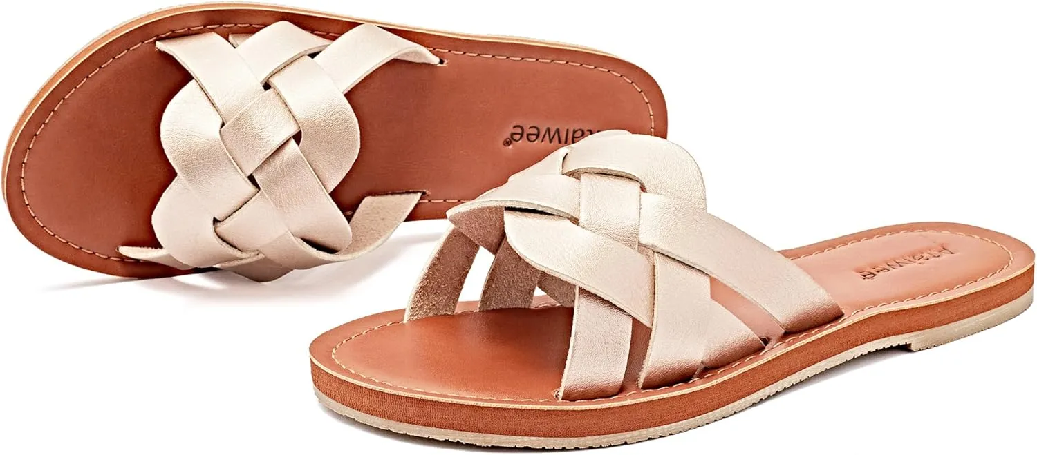 Ataiwee Women's Flat Slide Sandals - Fashion Slip On Flat Summer Shoes.