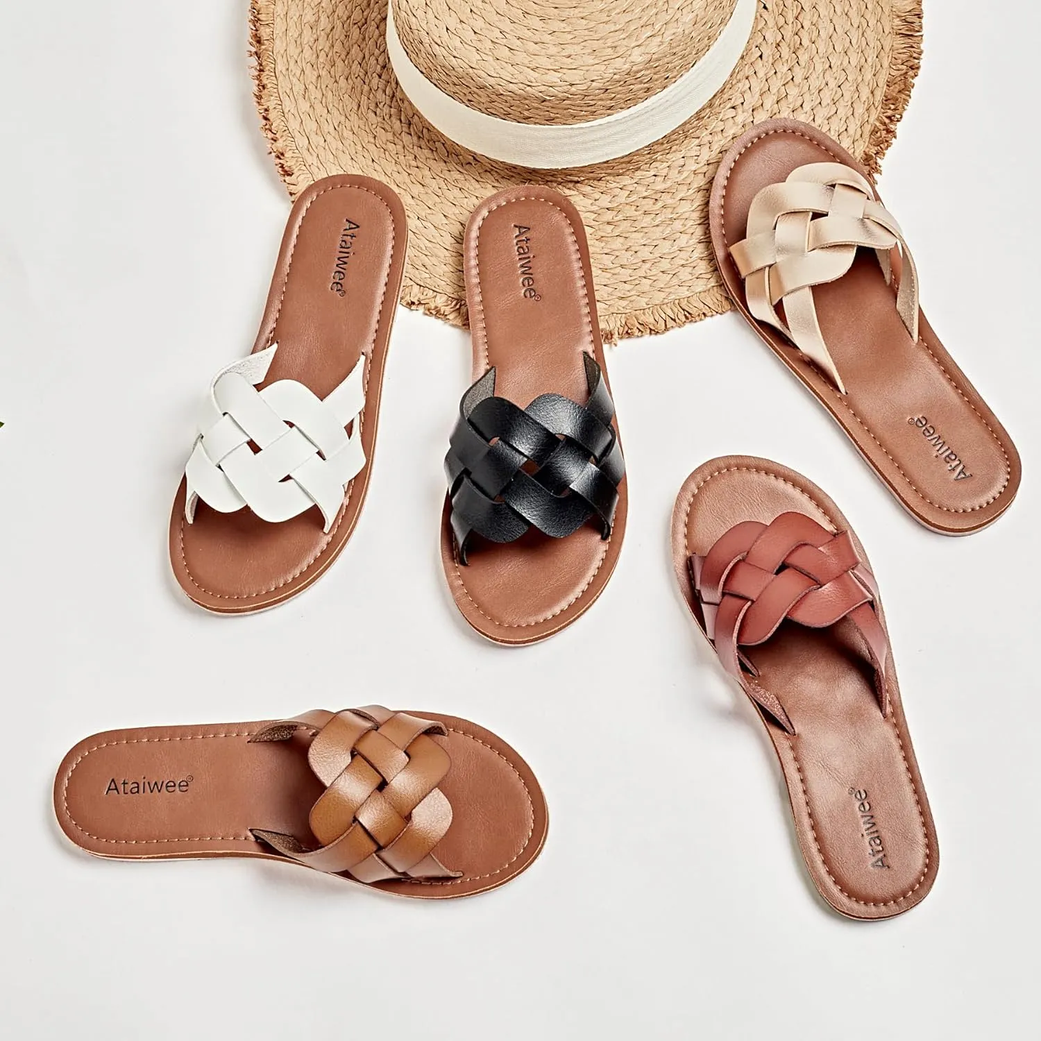 Ataiwee Women's Flat Slide Sandals - Fashion Slip On Flat Summer Shoes.
