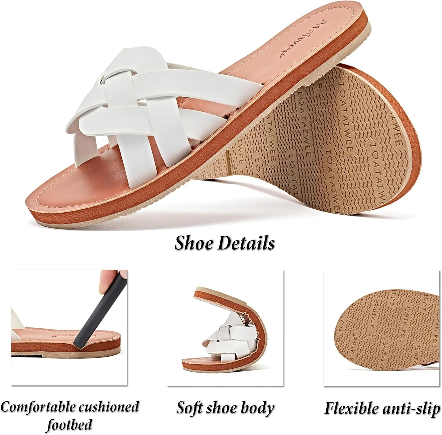 Ataiwee Women's Flat Slide Sandals - Fashion Slip On Flat Summer Shoes.