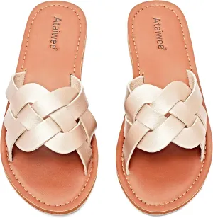 Ataiwee Women's Flat Slide Sandals - Fashion Slip On Flat Summer Shoes.
