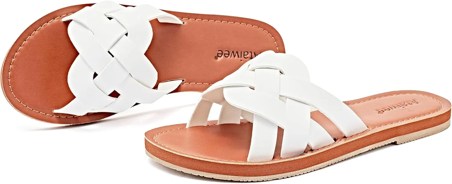 Ataiwee Women's Flat Slide Sandals - Fashion Slip On Flat Summer Shoes.