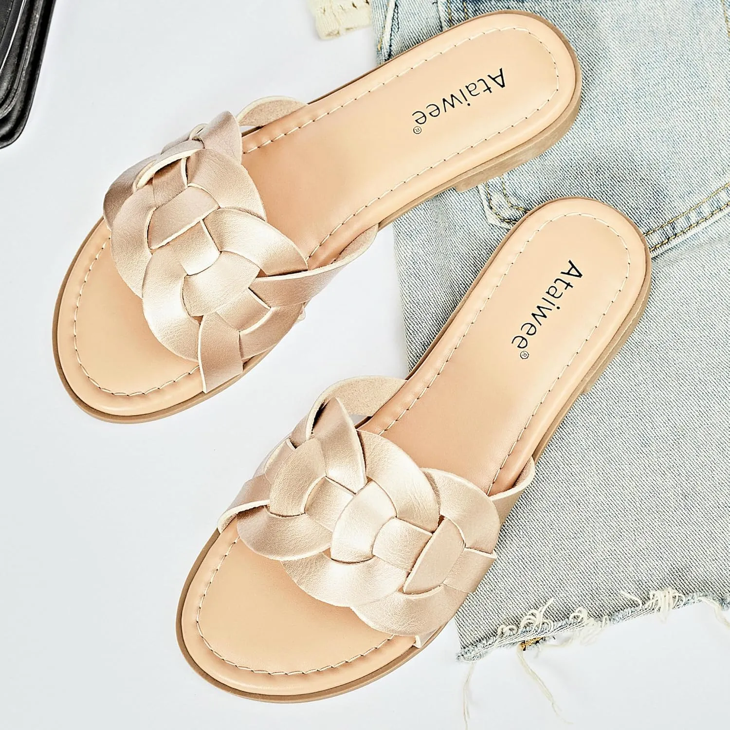 Ataiwee Women's Flat Slide Sandals - Ladies Casual Slip On Criss Cross Strap Summer Shoes.