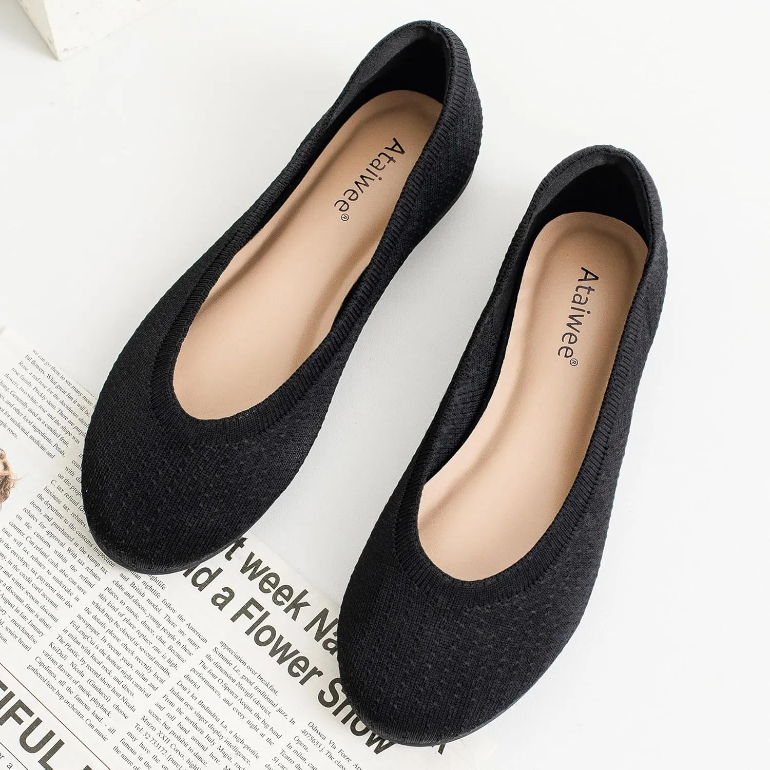 Ataiwee Women's Wide Width Flat Shoes - Dressy Knitted Soft Breathable Cute Slip-On Ballet Flats.