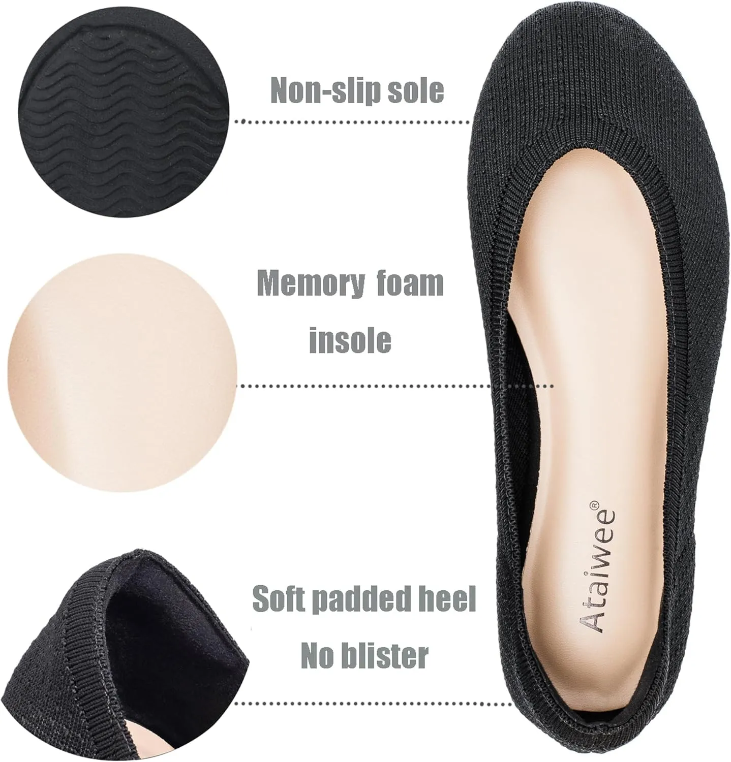 Ataiwee Women's Wide Width Flat Shoes - Dressy Knitted Soft Breathable Cute Slip-On Ballet Flats.